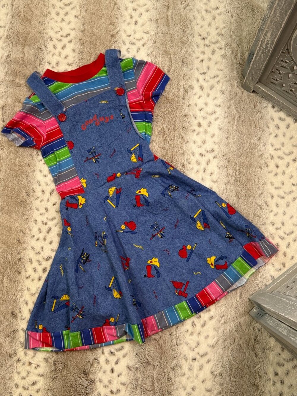 Girls Chucky costume large Good Guys dress rainbow stripe Halloween party horror